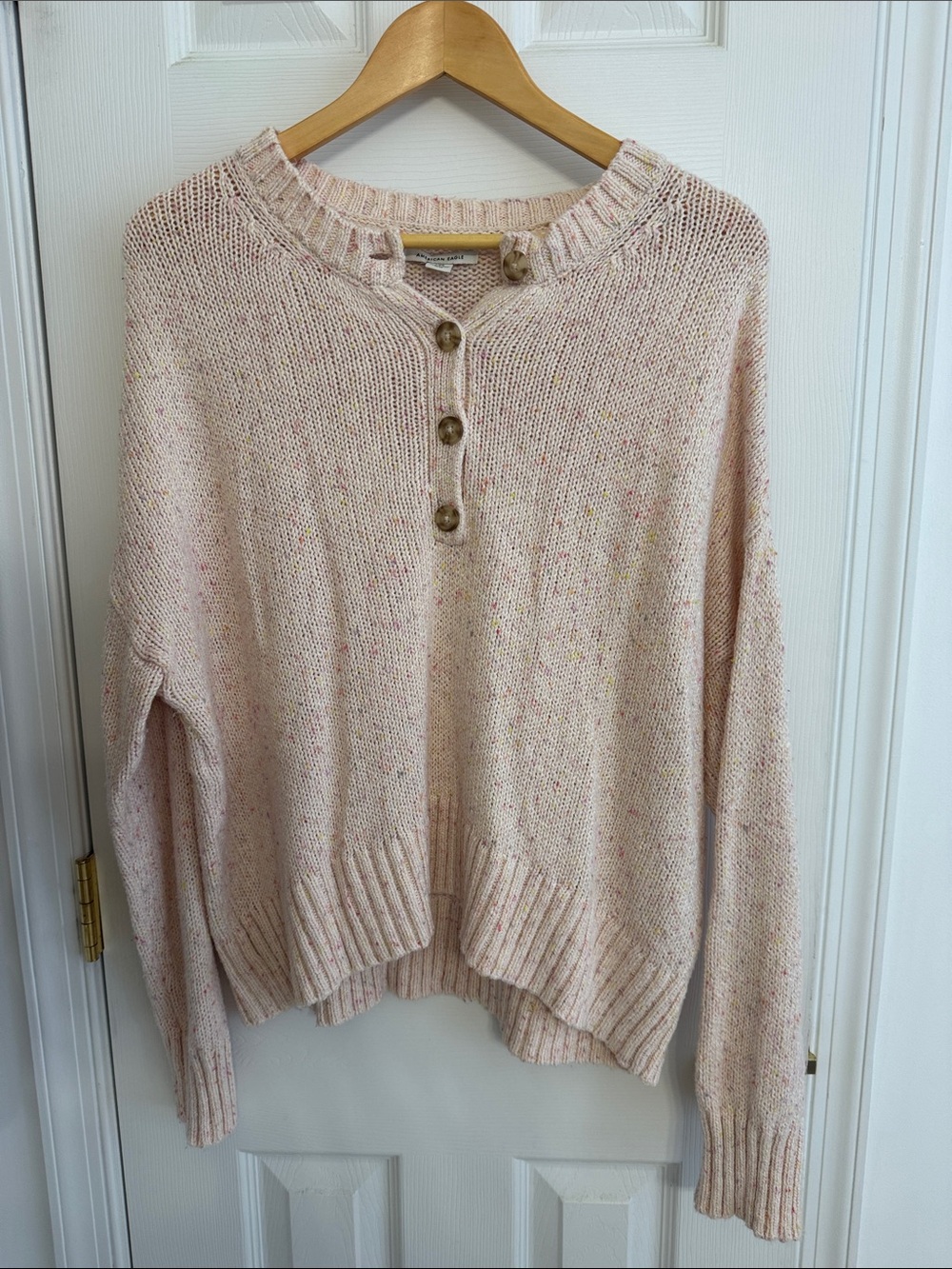 American Eagle Outfitters Light Pink Speckled Button-Henley Sweater